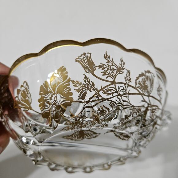 Vtg Martinsville Janice Divided Candy/Relish Dish Gold Wildflower Overlay Glass - Picture 4 of 9